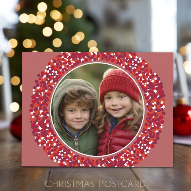 Christmas Wreath 1 Photo with red berries Holiday Postcard (A simple red berry border with one photo on the front. A festive Christmas postcard to send.)