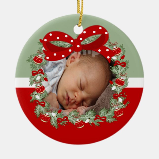 Christmas Wreath (2 sided) Personalized Ceramic Ornament (Front)