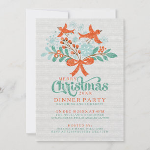 Christmas Wreath A& Cute Birds Dinner Invitation