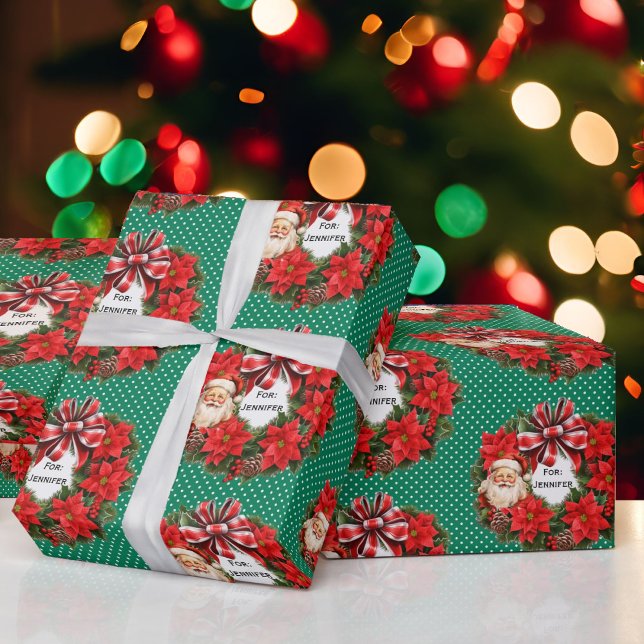 Christmas Wreath Add Name Classic Santa Red Green Wrapping Paper (Creator Uploaded)