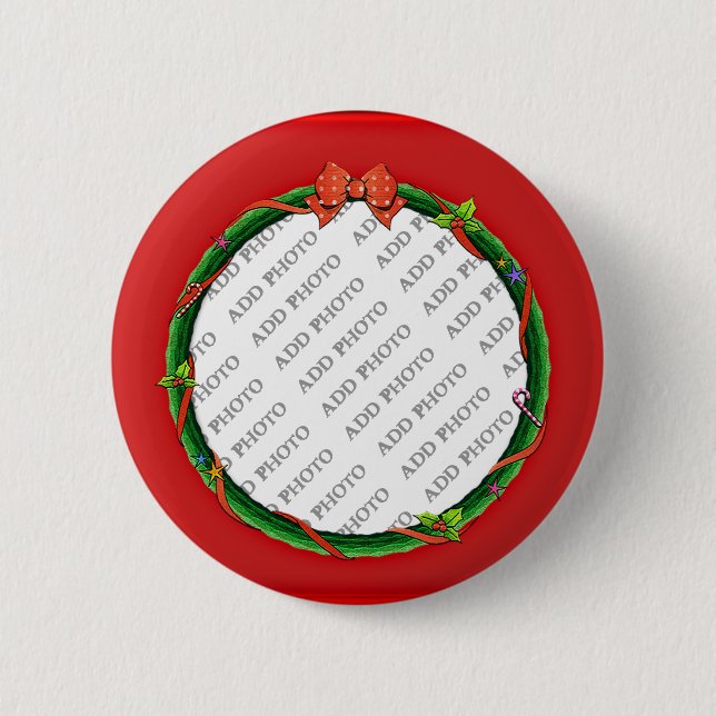 Christmas Wreath Add Your Photo & Red Background Button (Front)
