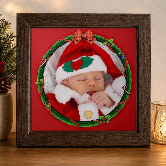 Christmas Wreath Add Your Photo & Red Background Ceramic Tile (Christmas Wreath Add Your Photo & Red Background Ceramic Tile)
