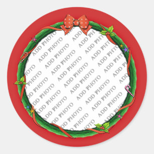 Christmas Wreath Add Your Photo & Red Background Classic Round Sticker