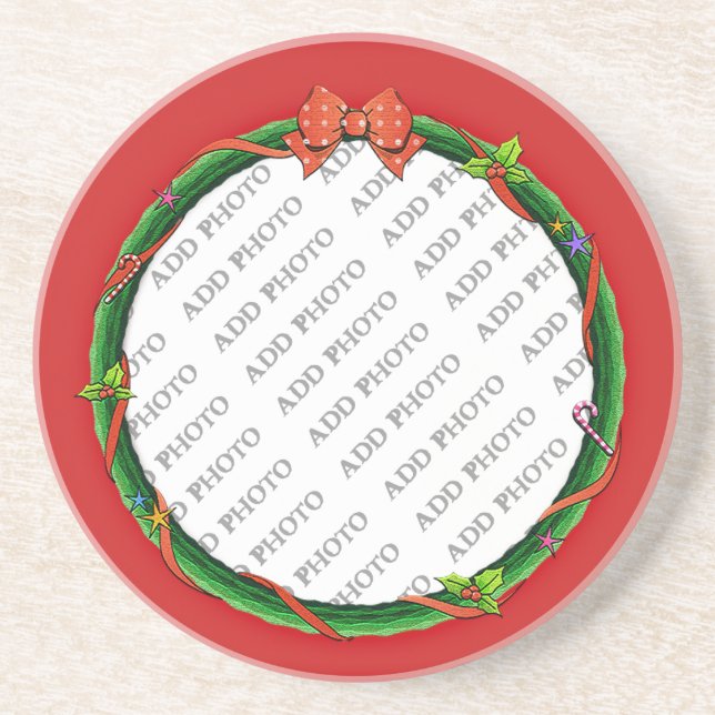 Christmas Wreath Add Your Photo & Red Background Coaster (Front)