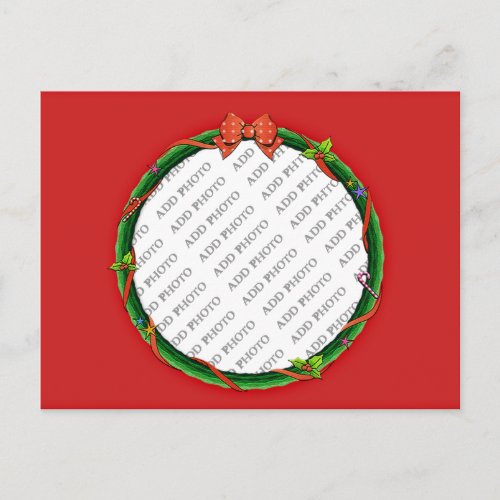 Christmas Wreath Add Your Photo  Red Background Holiday Postcard