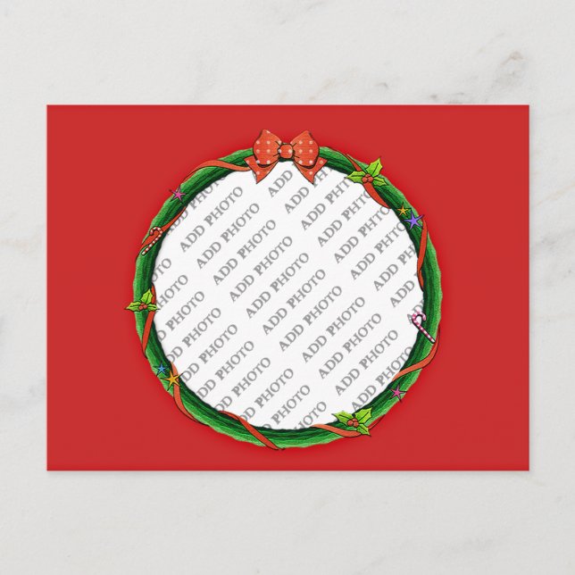 Christmas Wreath Add Your Photo & Red Background Holiday Postcard (Front)