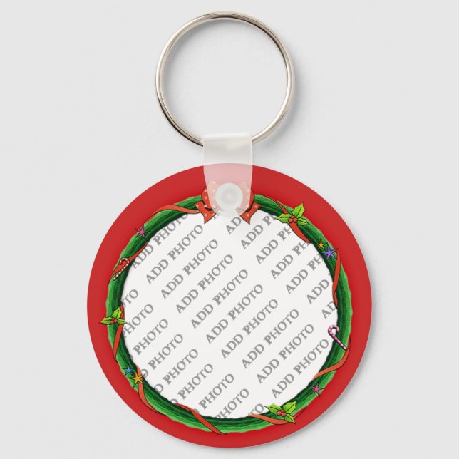 Christmas Wreath Add Your Photo & Red Background Keychain (Front)
