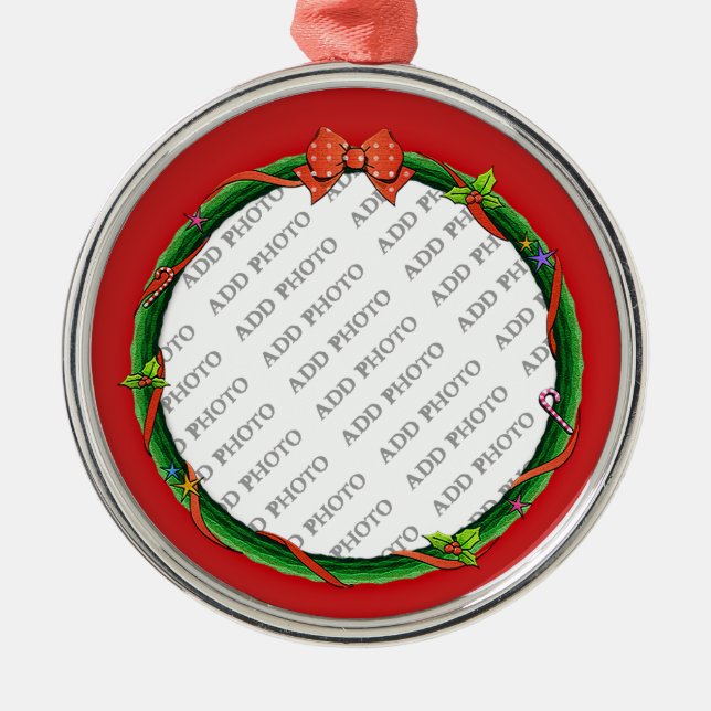 Christmas Wreath Add Your Photo & Red Background Metal Ornament (Front)