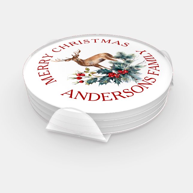 Christmas wreath and deer custom text coaster set (Set)