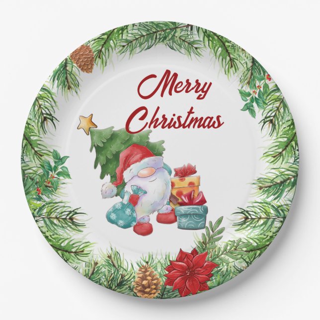 Christmas Wreath and Gnome  Paper Plates (Front)