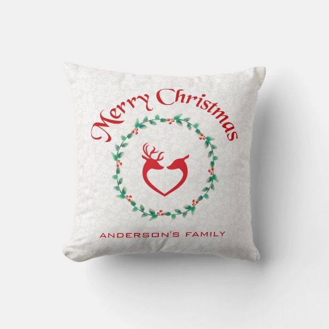 Christmas Wreath And Heart-Shaped Deer Throw Pillow (Front)