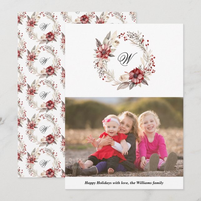 Christmas wreath and monogram photo red holiday card (Front/Back)