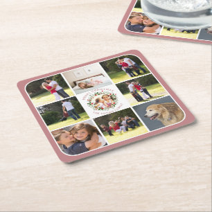 Christmas wreath and nine photos dusty rose pink square paper coaster