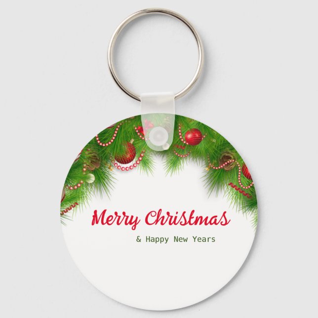 Christmas Wreath and Red Bulbs, and Presents    Keychain (Front)