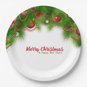 Christmas Wreath and Red Bulbs, and Presents Pap Paper Plates