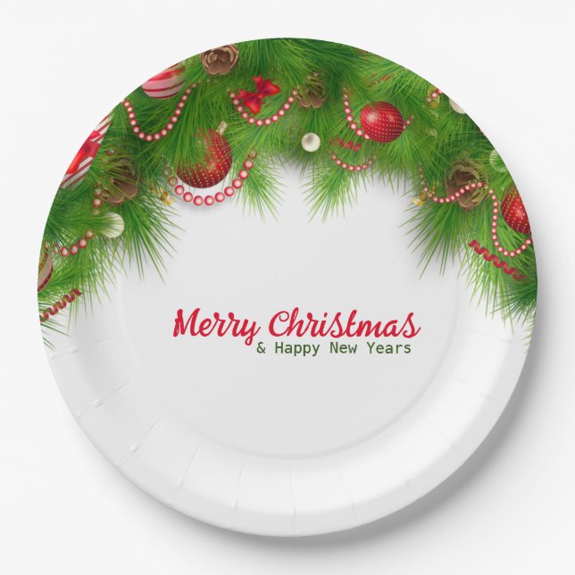 Christmas Wreath and Red Bulbs, and Presents   Pap Paper Plates (Front)
