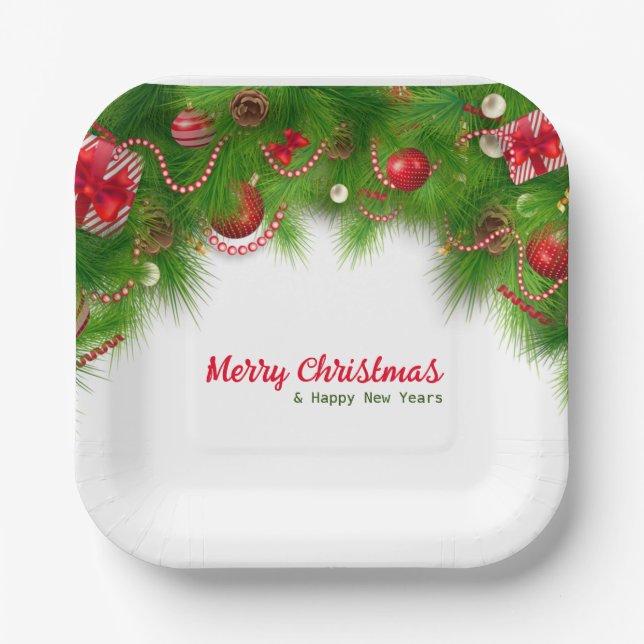 Christmas Wreath and Red Bulbs, and Presents   Paper Plates (Front)