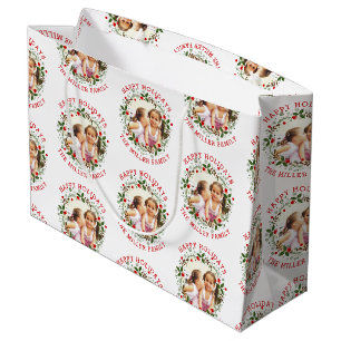 Christmas wreath and red Happy Holidays photo Large Gift Bag