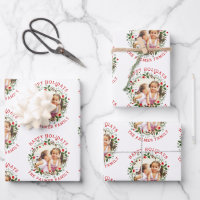 Christmas wreath and red Happy Holidays photo Wrapping Paper Sheets