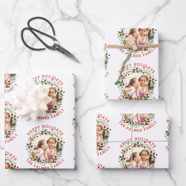 Christmas wreath and red Happy Holidays photo Wrapping Paper Sheets (Front)