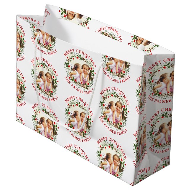 Christmas wreath and red Merry Christmas photo Large Gift Bag (Front Angled)