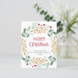 Christmas Wreath and Script Merry Christmas Postcard