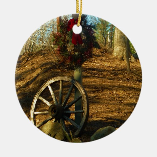 Christmas Wreath and Wagon wheel Ceramic Ornament (Front)