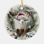 Christmas Wreath Angora Goat  Ceramic Ornament