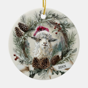Christmas Wreath Angora Goat Ceramic Ornament