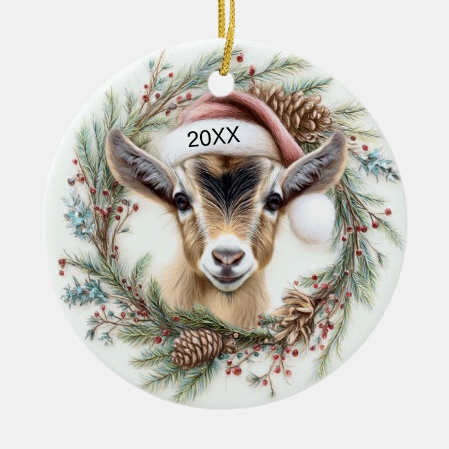 Christmas Wreath Baby Goat  Ceramic Ornament (Front)