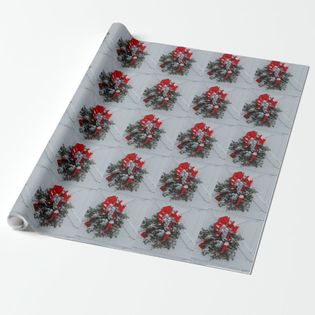 Christmas Wreath Barn Door Wrapping Paper (Unrolled)