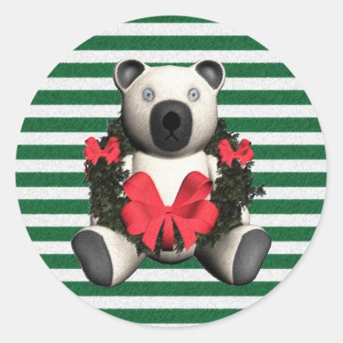 Christmas Wreath Bear Green Stripes Classic Round Sticker