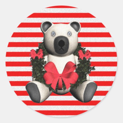 Christmas Wreath Bear Red Stripes Classic Round Sticker