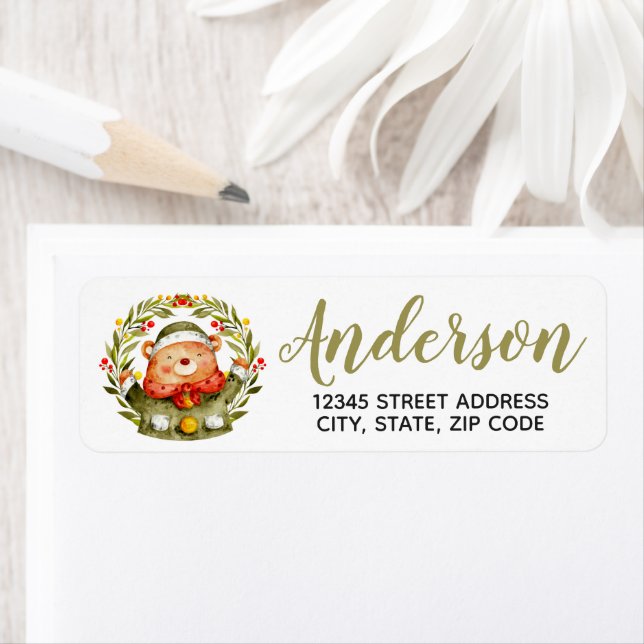Christmas Wreath Bear Return Address Label (Insitu)