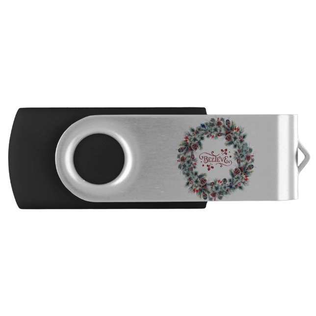Christmas Wreath BELIEVE Typography Flash Drive (Front)