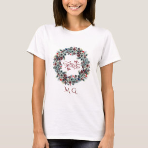 Christmas Wreath BELIEVE Typography monogram T-Shirt