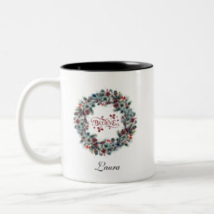 Christmas Wreath BELIEVE Typography Monogram Two-Tone Coffee Mug