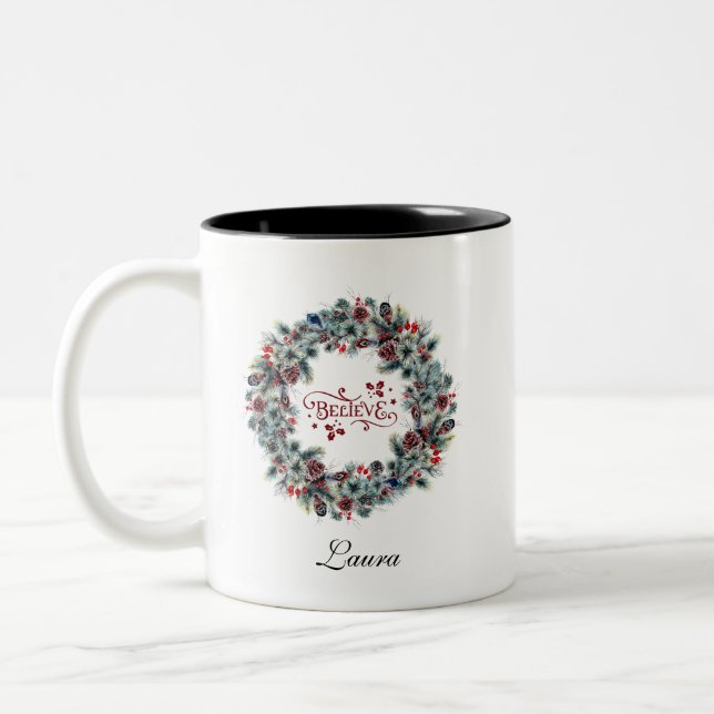 Christmas Wreath BELIEVE Typography Monogram Two-Tone Coffee Mug (Left)