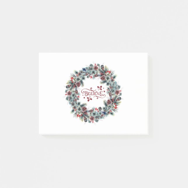 Christmas Wreath BELIEVE Typography Post-it Notes (Front)