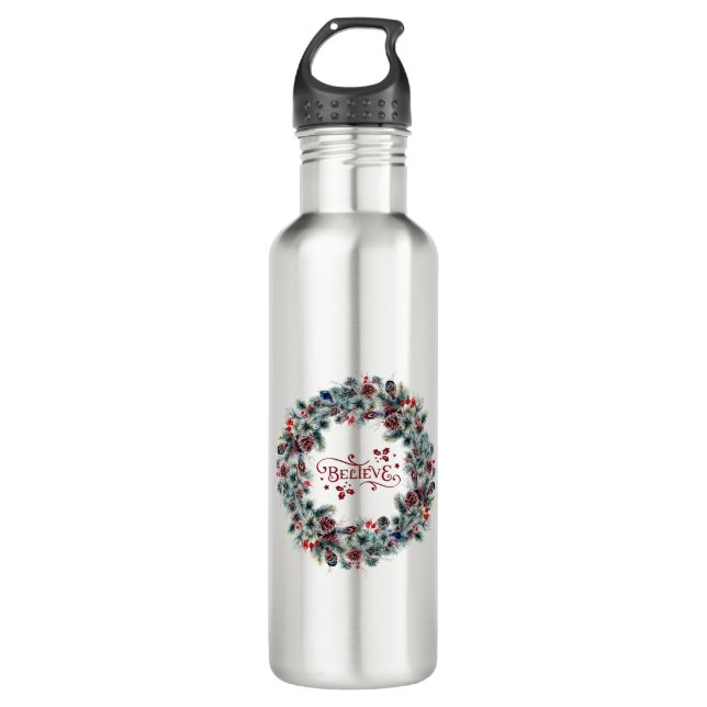 Christmas Wreath BELIEVE Typography Stainless Steel Water Bottle (Front)