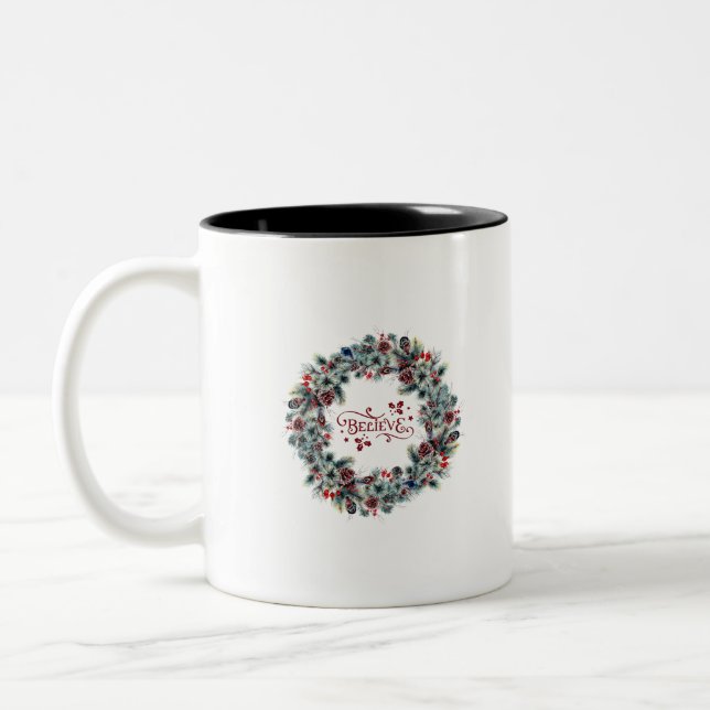 Christmas Wreath BELIEVE Typography Two-Tone Coffee Mug (Left)