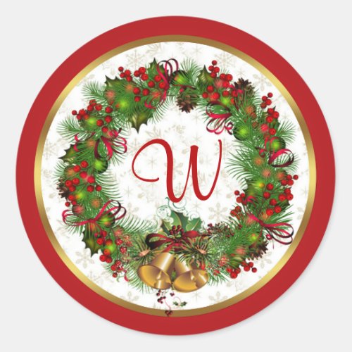 Christmas wreath bells holly Monogram Classic Round Sticker