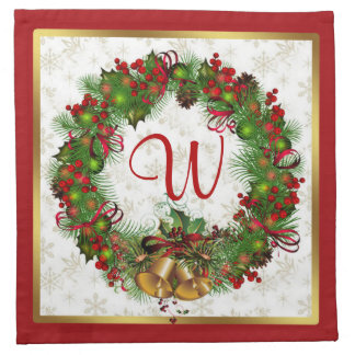 Christmas wreath, bells, holly Monogram Napkins