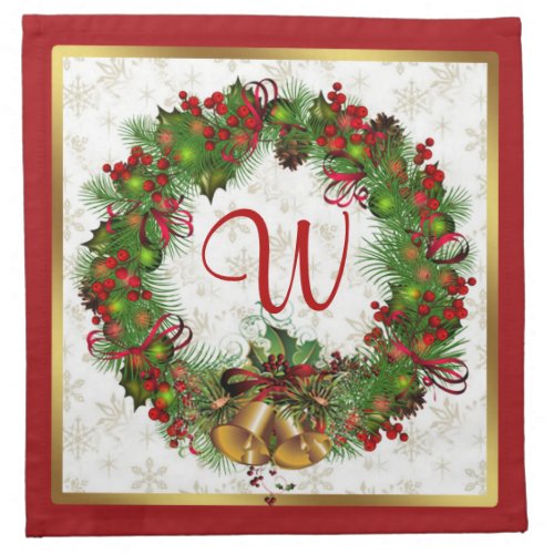 Christmas wreath bells holly Monogram Napkins