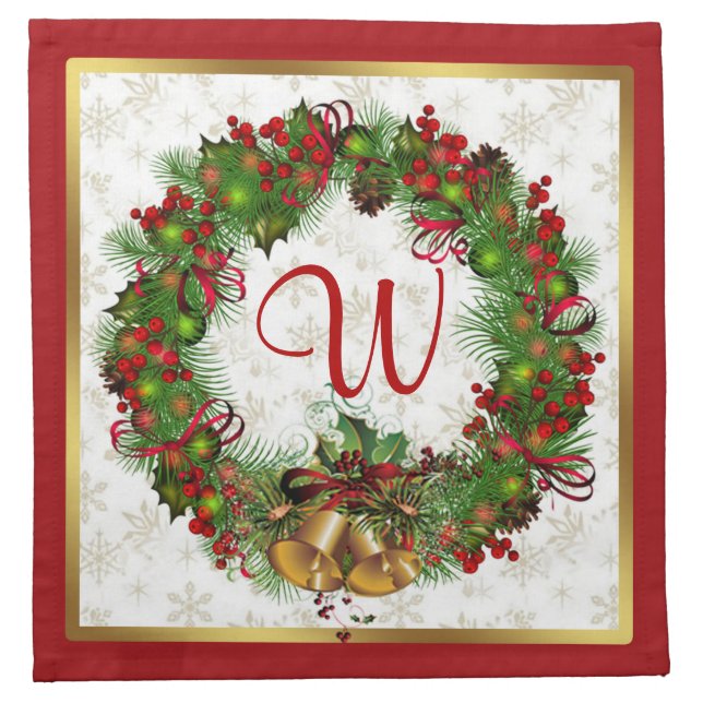 Christmas wreath, bells, holly Monogram Napkins (Front)