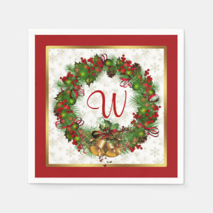 Christmas wreath, bells, holly Monogram Paper Napkins