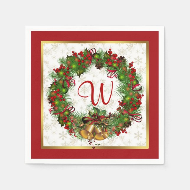 Christmas wreath, bells, holly Monogram Paper Napkins (Front)