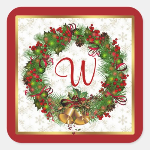 Christmas wreath bells holly Monogram Square Sticker