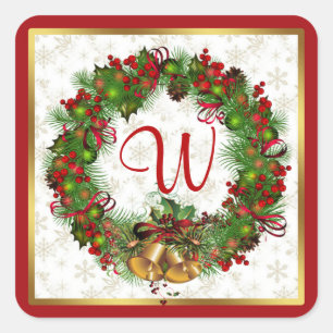 Christmas wreath, bells, holly Monogram Square Sticker