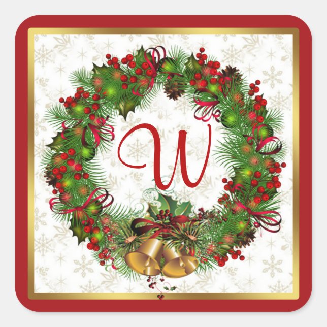 Christmas wreath, bells, holly Monogram Square Sticker (Front)